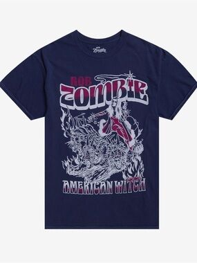 Hot Topic Rob Zombie Navy Graphic Tee with Pink and White Print American Witch